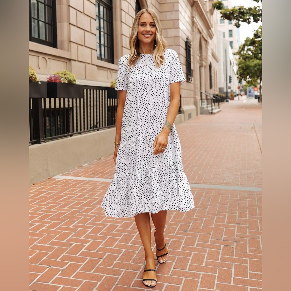 The Drop Women's White/Black Polka-Dot Tiered Midi Dress | Size Small
